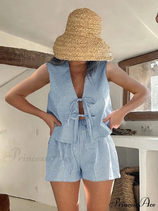 Checkered Tie Front Waistcoat Crop Top blue / S croptop-250223