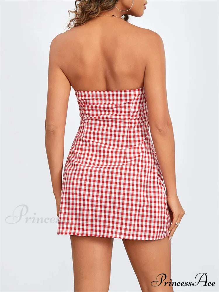 Checkered Trim-Fit Lace-Up Mini Dress minidress-250223