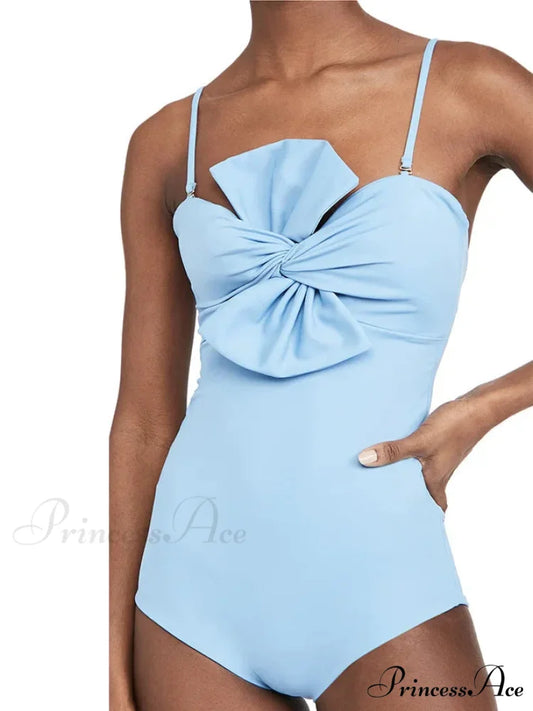 Chest Tie Halter One Piece Swimsuit SKY BLUE / S onepiece-250223