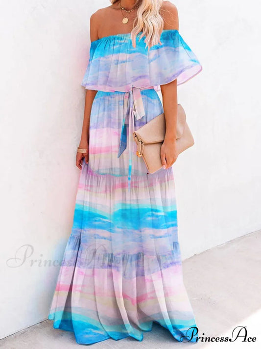Chest Wrap Printed Charming Full Skirt Dress Yun Cai Lan / S
