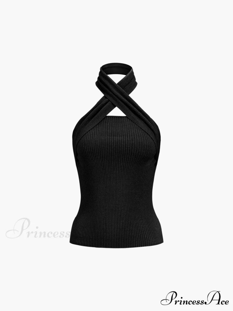 Chestnut Halter Graceful Rib Knit Top Black / XS