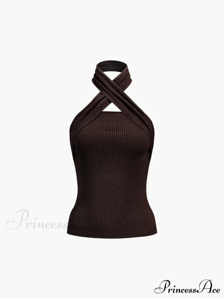 Chestnut Halter Graceful Rib Knit Top Dark Brown / XS