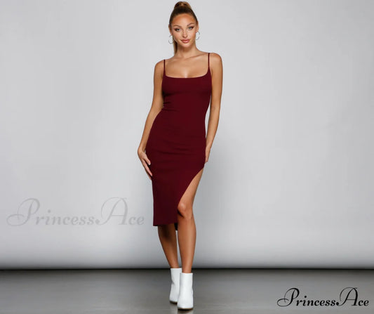 Chic And Seamless Charming Midi Sweater Dress BURGUNDY / XS