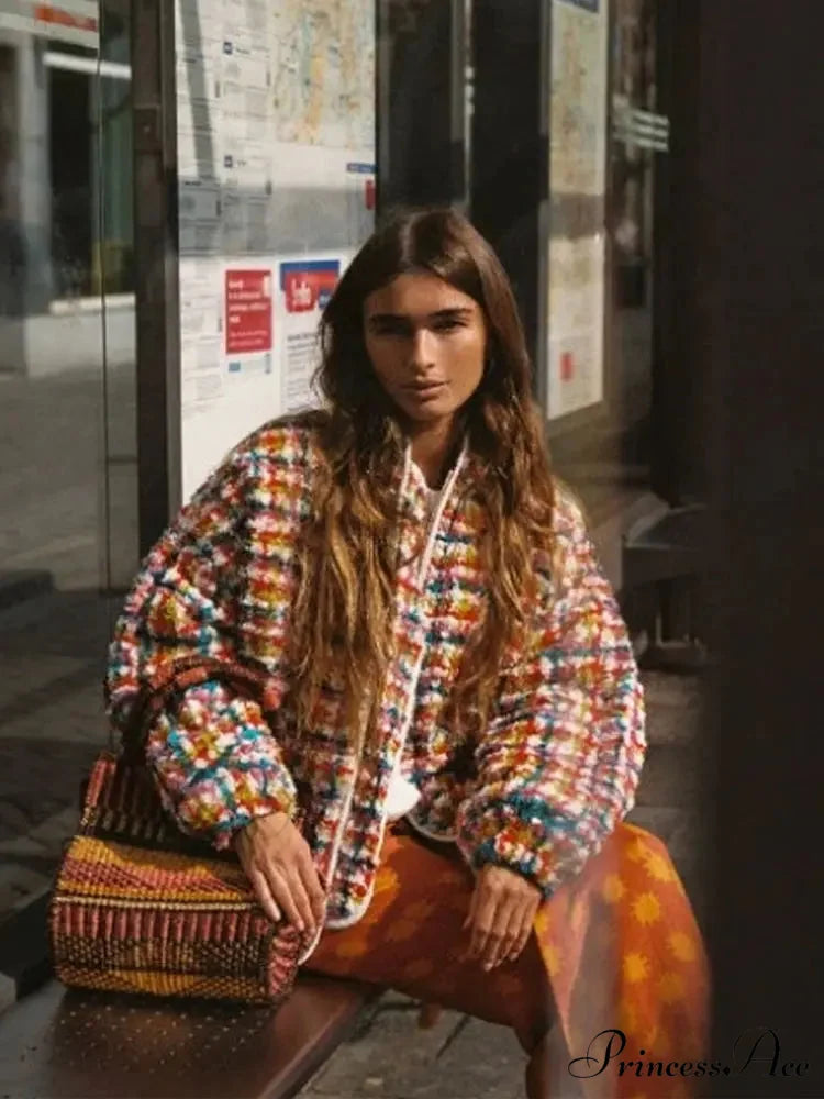 Chic Colorful Plaid Printed Long Sleeve Zipper Quilted Autumn Winter Fashionable Coat