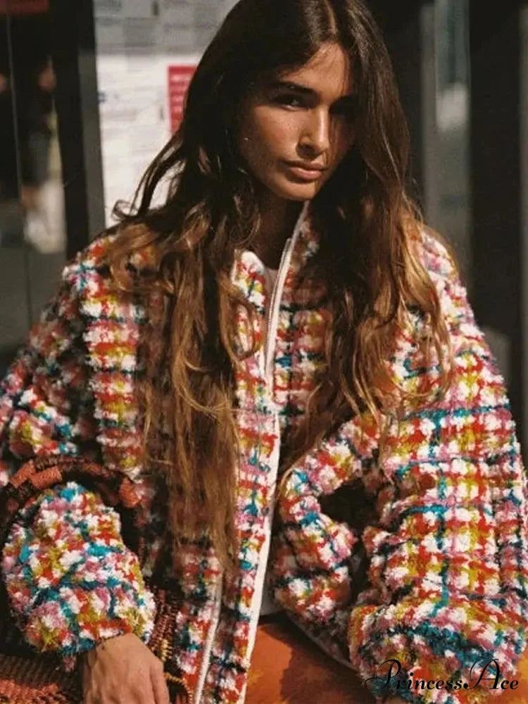 Chic Colorful Plaid Printed Long Sleeve Zipper Quilted Autumn Winter Fashionable Coat