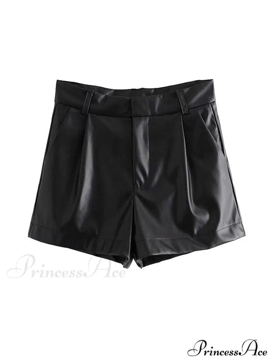 Chic Fashion Side Pockets Faux Leather Shorts Black / XS