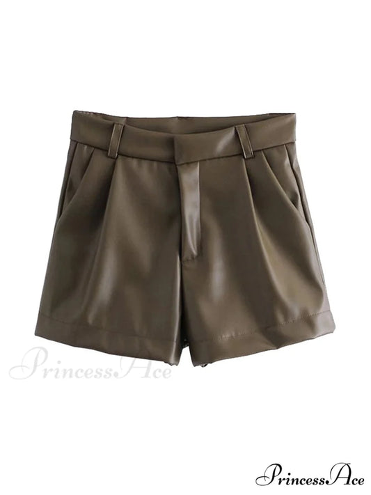 Chic Fashion Side Pockets Faux Leather Shorts Khaki / XS