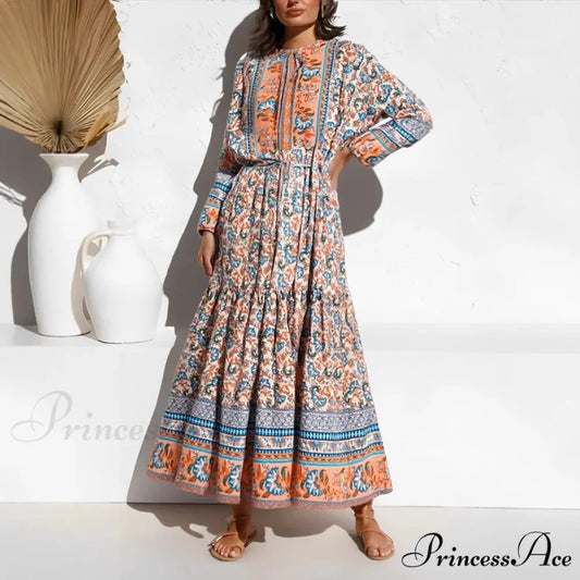 Chic Flowery Lace-up Fringe Rayon Maxi Boho Sundress kahaki / S bohodress-250126