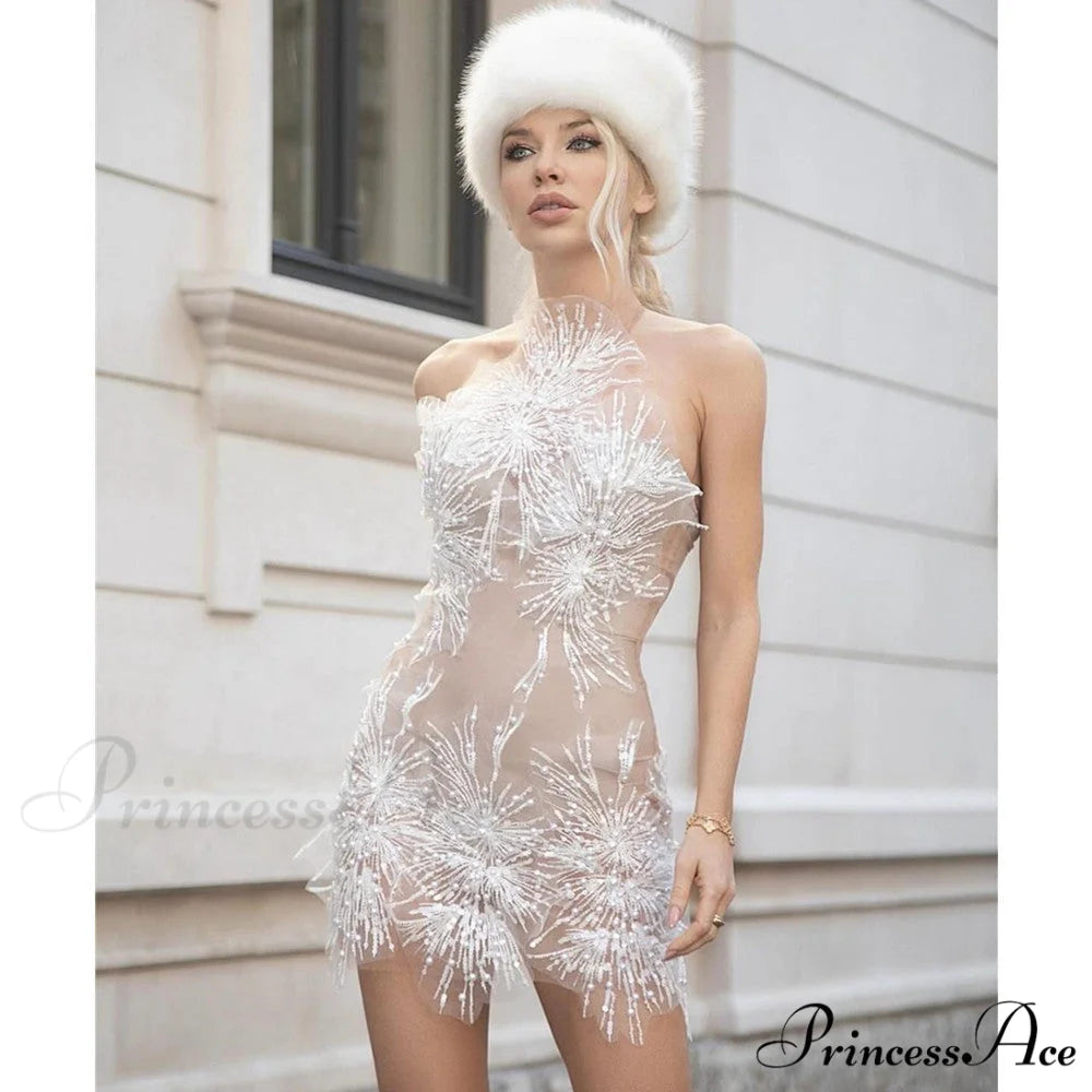 Chic Golden Floral Bodycon Dress Celebration Prom Dress white1 / Uniform size promdress-250223