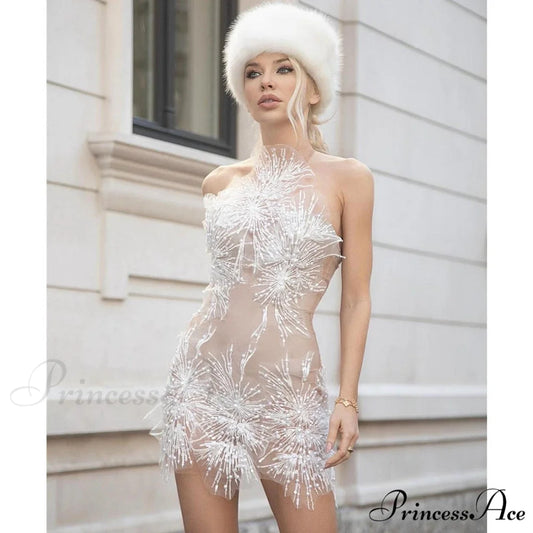 Chic Golden Floral Bodycon Dress Celebration Prom Dress white1 / Uniform size promdress-250223