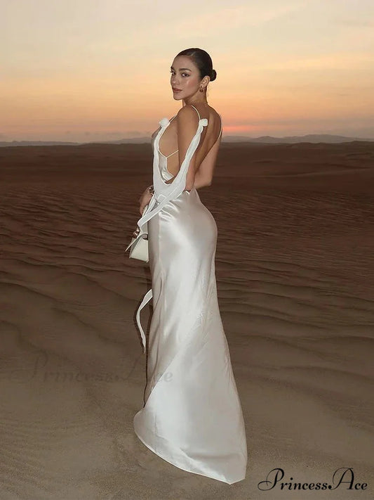 Chic Ivory Silk Long Holiday Gown White / S vacationdress-250223