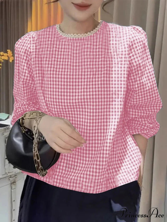 Chic Lace Trim O Neck Checked Puff Sleeve Smock Blouse Pink / S blouse-250126