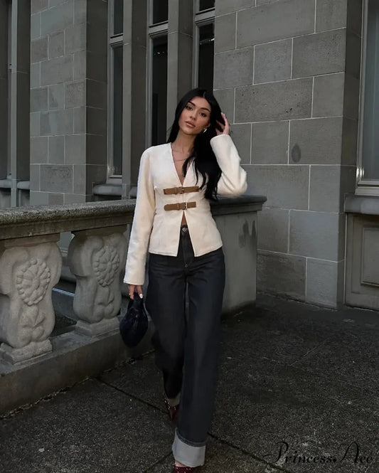 Chic Leather Belted V-neck Elegant Long Sleeved Outerwear New Autumn Stylish Coat White / S