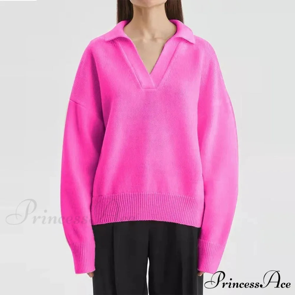 Chic Polo Collar Casual Oversized Solid Color Knitted Christmas Sweater Rose Red / S