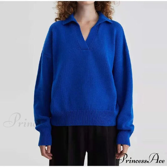 Chic Polo Collar Casual Oversized Solid Color Knitted Christmas Sweater SKY BLUE / S