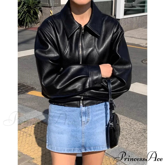 Chic Red Zipper PU Leather Coat Black / One Size