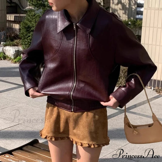 Chic Red Zipper PU Leather Coat wine red / One Size