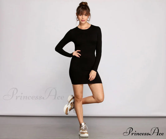 Chic Ribbed Knit Charming Basic Mini Dress BLACK / XS