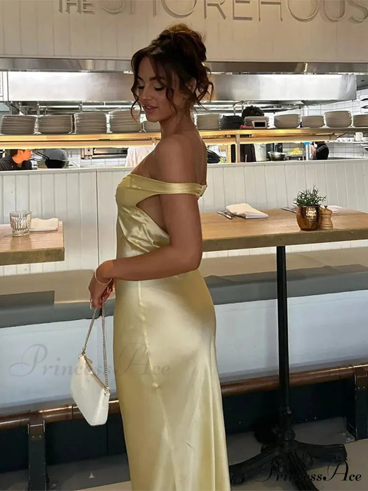 Chic Satin Off Shoulder Maxi Sexy Skinny Open Back Christmas Party Dress