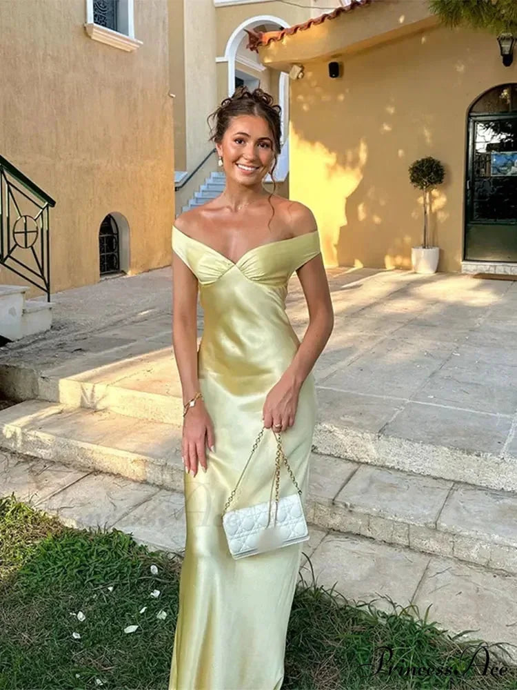 Chic Satin Off Shoulder Maxi Sexy Skinny Open Back Christmas Party Dress Pale yellow / S