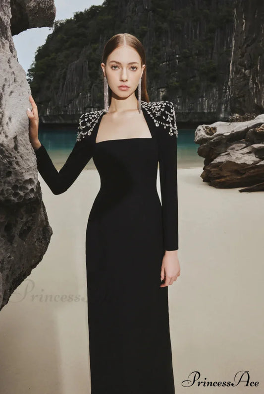 Chic Sophisticated Square Neck Long Sleeve Prom Dress black / XS promdress-250223