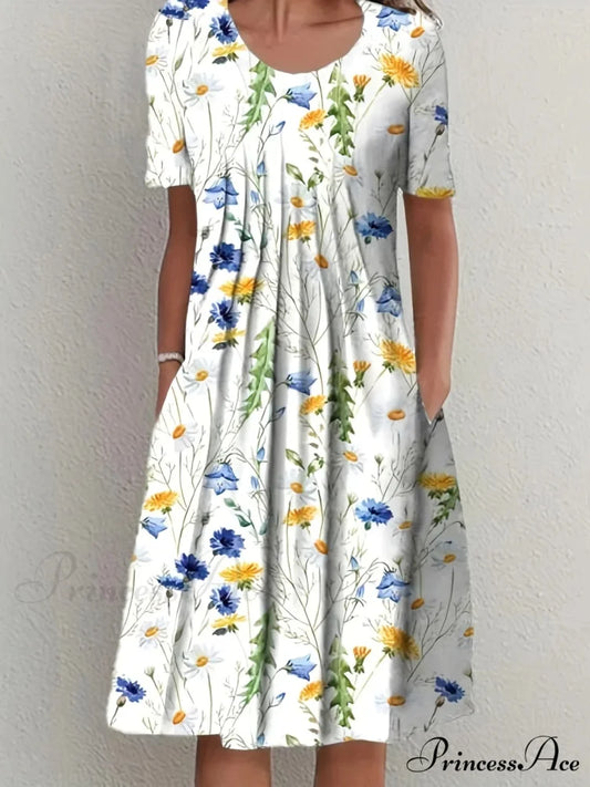Chic Spring Summer Circular Neck Patterned Flowered Dress cloro1 / S oldfloraldress-250126