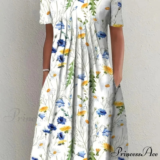 Chic Spring Summer Circular Neck Patterned Flowered Dress oldfloraldress-250126