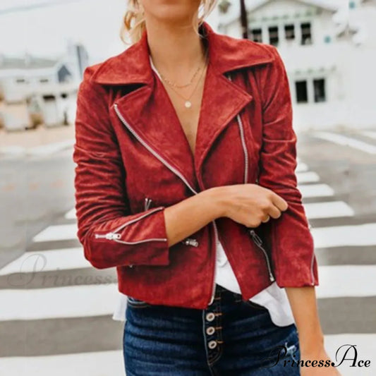 Chic Stylish Elegant Trendy Sophisticated Sleek Motorcycle Long Sleeve Warm Outwear Winter Outer Jacket Red / S