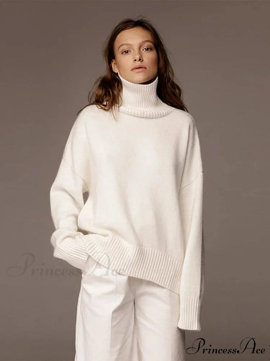 Chic Thickened Inner Wear Solid Fashion Knitted Jumper Christmas Sweater White / S