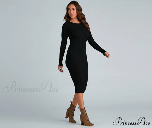 Chic Twist Long Charming Sleeve Midi Dress BLACK / XS