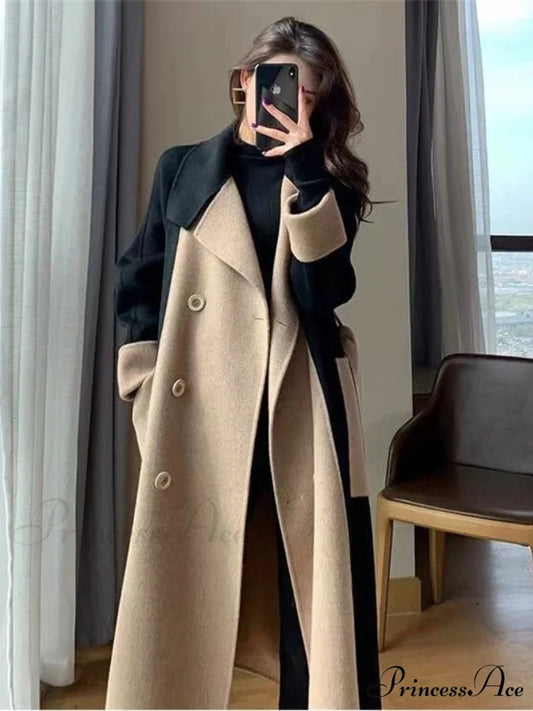 Chic Woolen Patchwork Double-breasted Anti-wrinkle Lapel Winter High Sense Stylish Coat KHAKI / L (50-55 kg)