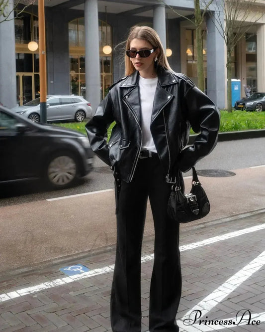 Chic Zipper Collar Leather Fashion Long Sleeved Pocket Black Autumn Stylish Coat Black / S