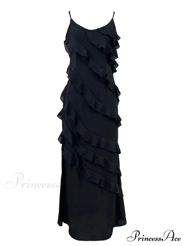 Chiffon Maxi Dress with Ruffles and Backless Split - Sexy Long Summer Wedding/Christmas Party Outfit Black / S