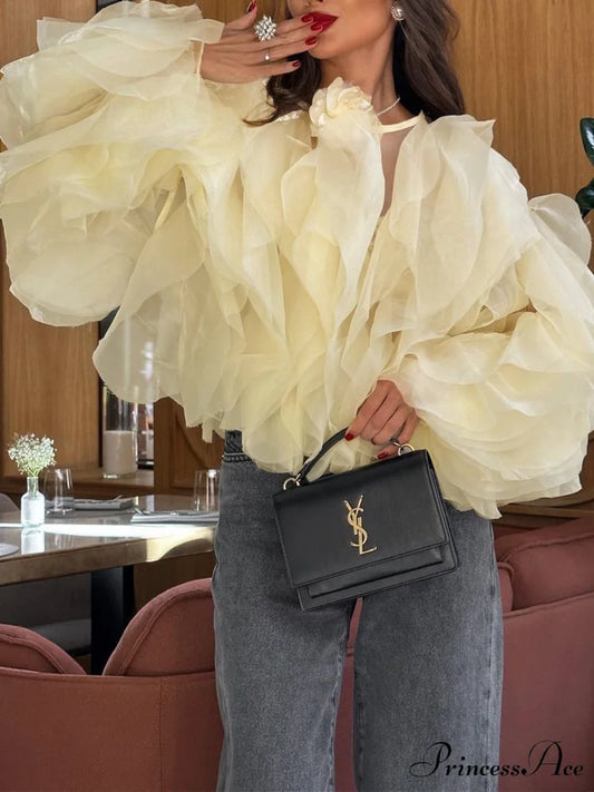 Chiffon Ruffled Graceful Crew Neck Blouse Apricot / S