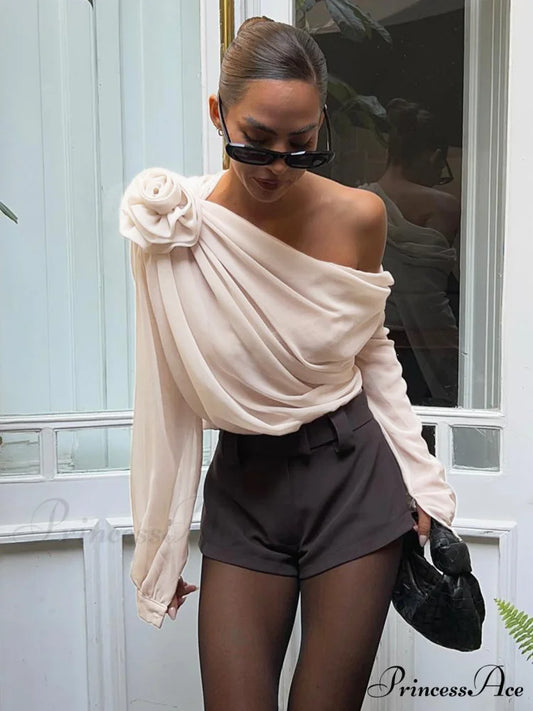 Chiffon Semi-sheer One Trendy Shoulder Asymmetrical Top Apricot / XS