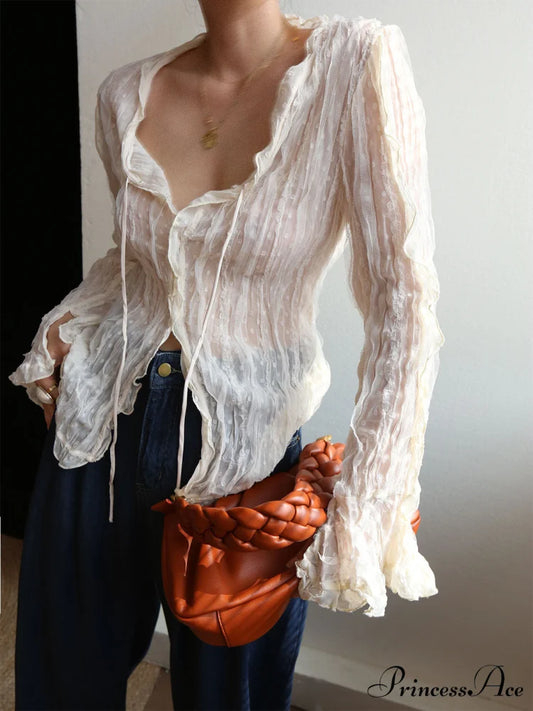 Chiffon Sheer Lettuce Trendy Trim Long Sleeve Shirt Off-White / XS