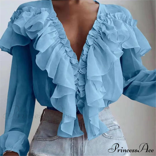 Chiffon Shirt Work Casual Lady Solid Color Blue Blouse / S