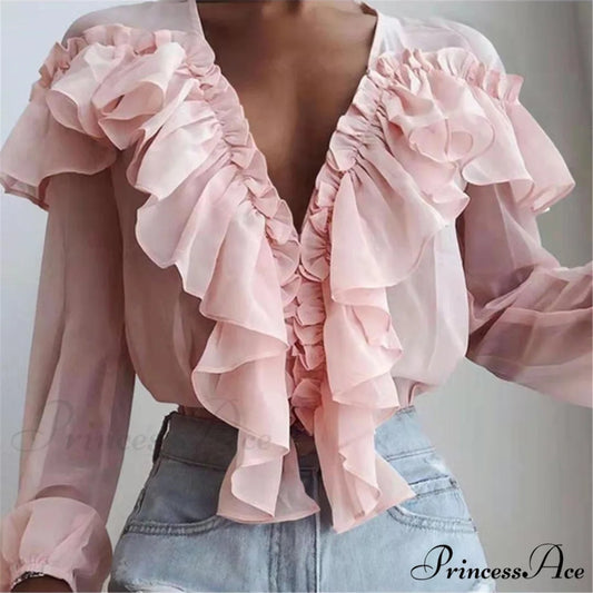 Chiffon Shirt Work Casual Lady Solid Color Pink Blouse / S