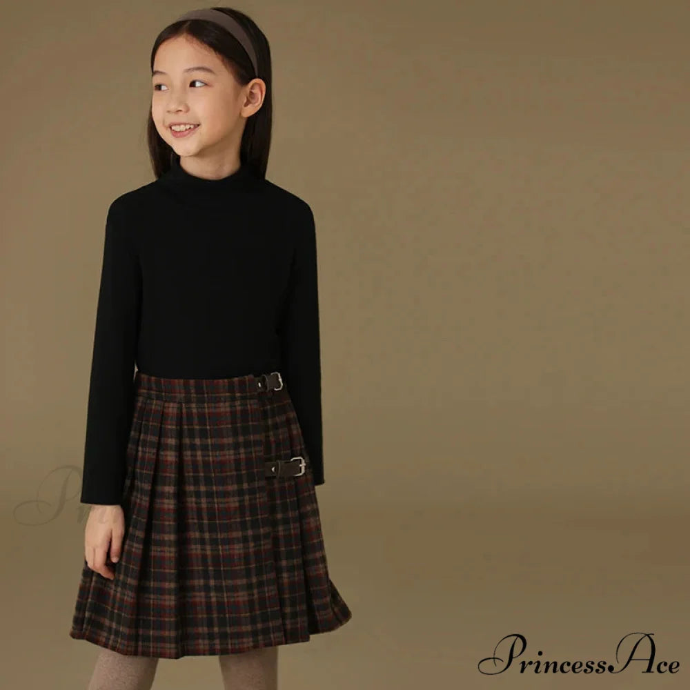 Children’s Retro Plaid Wool Casual Thick Pleated Autumn Winter Skirt