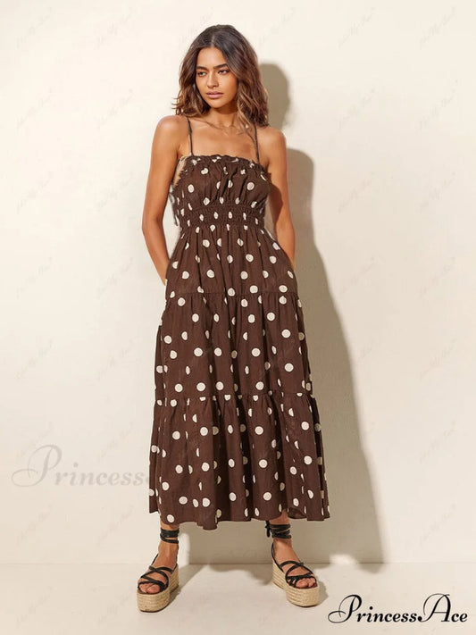 Chocolate And Ivory Polka Dot Trendy Print Pleated Elastic Strap Dress Brown / S