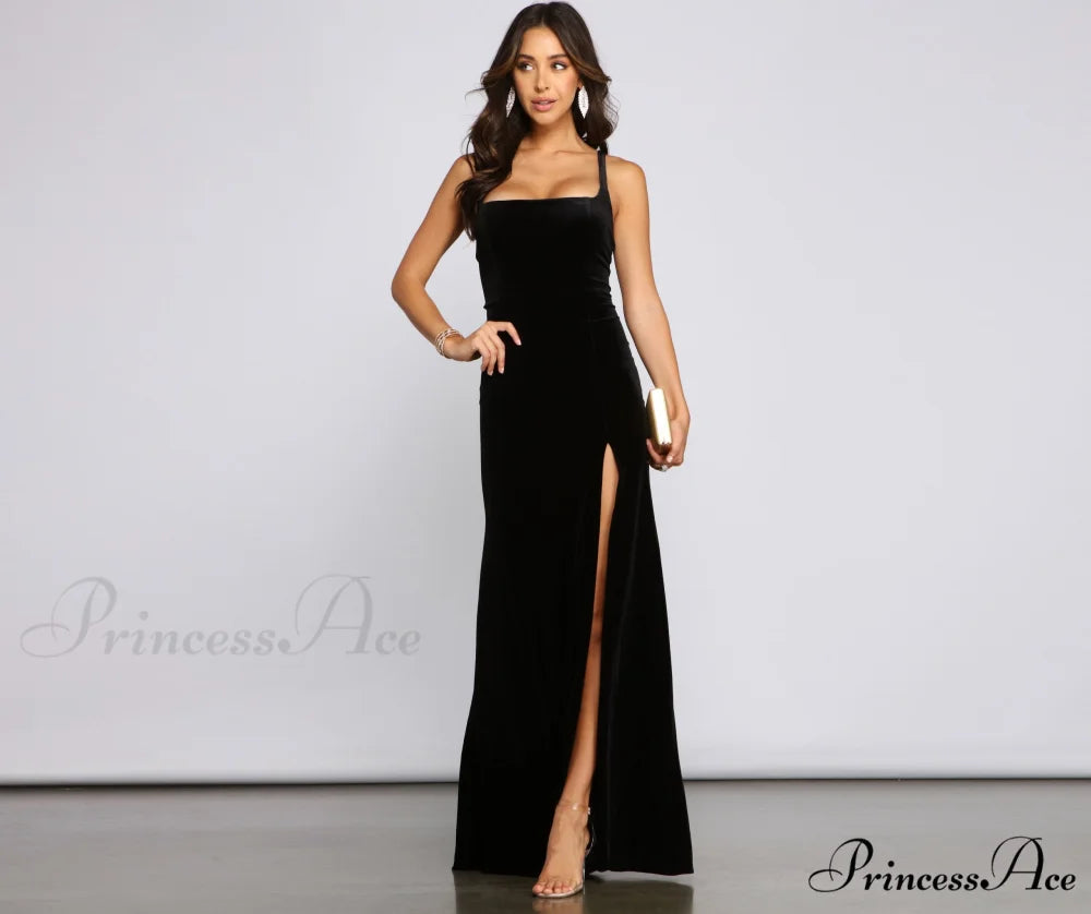 Christina Lace-Up Stylish Back Velvet Dress BLACK / XS
