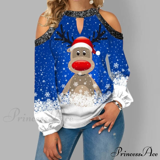 Christmas Casual Off Shoulder Printed Cute Top Blue / S