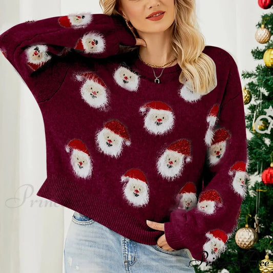 Christmas Cozy Cute Santa Head Round Neck Casual Oversized Warm Winter Sweater