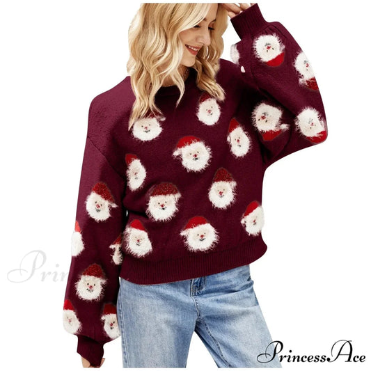 Christmas Cozy Cute Santa Head Round Neck Casual Oversized Warm Winter Sweater Wine / S