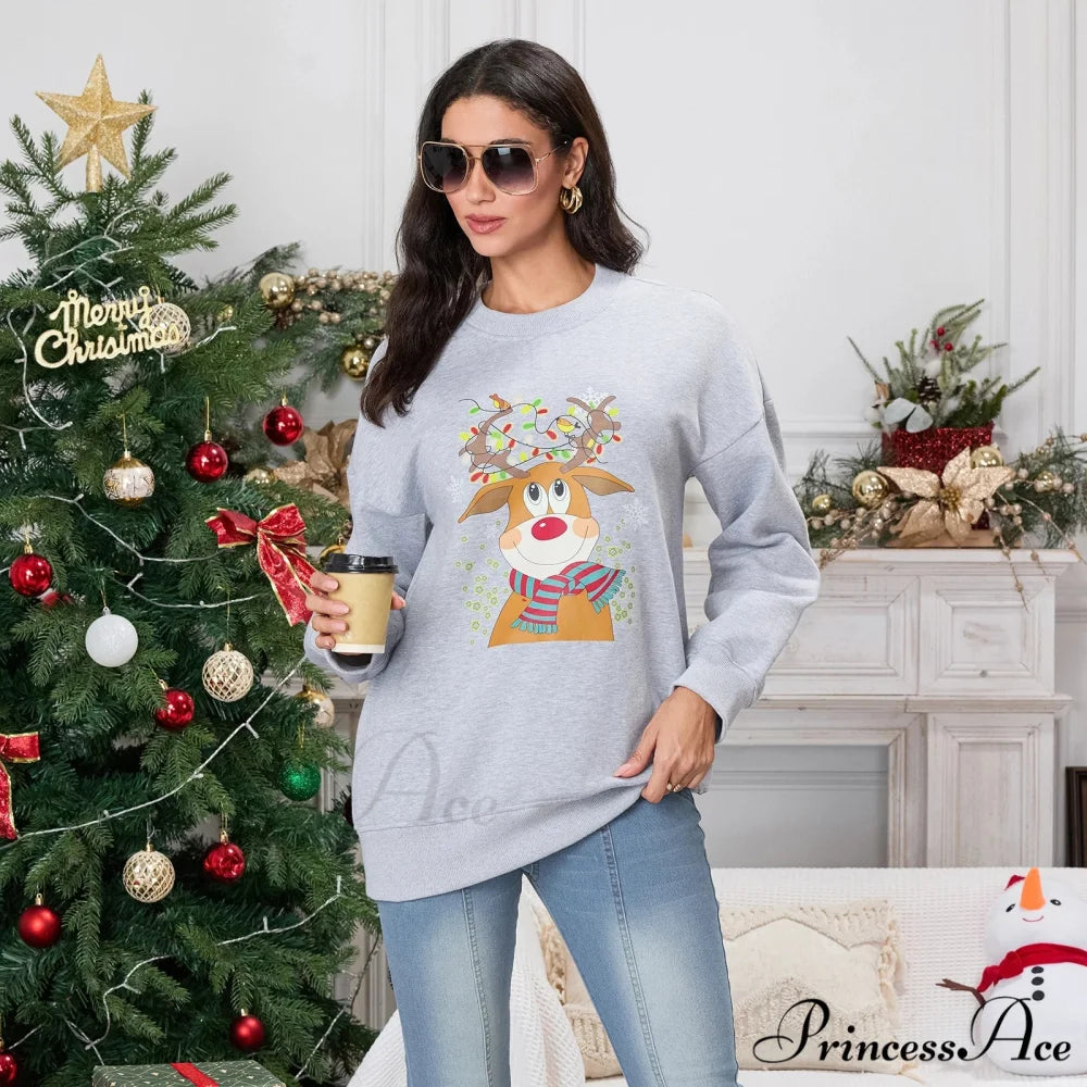 Christmas Deer Print Crew Neck Fall Winter Long Sleeve Casual Christmas Hoodie GRAY / S Christmas Hoodies-L