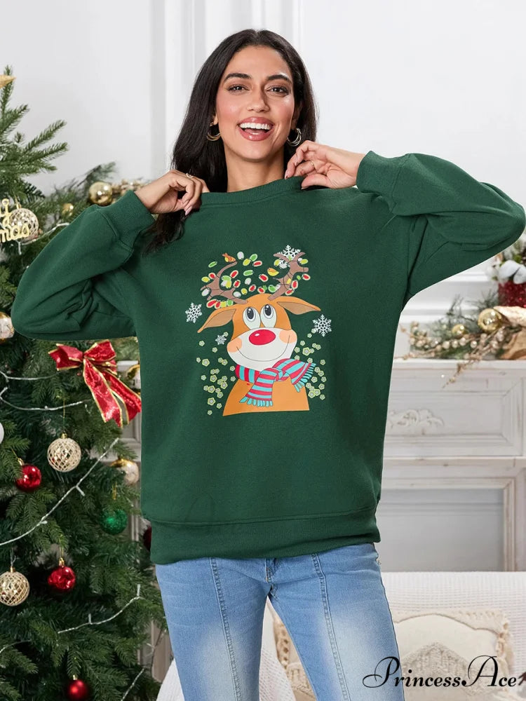 Christmas Deer Print Crew Neck Fall Winter Long Sleeve Casual Christmas Hoodie Christmas Hoodies-L