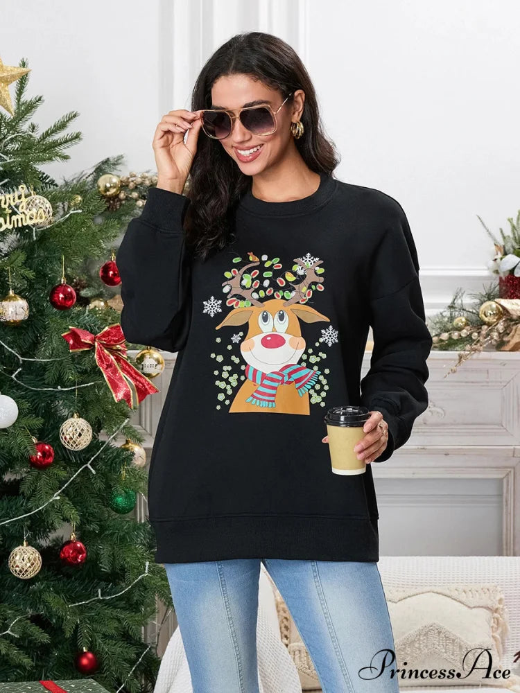 Christmas Deer Print Crew Neck Fall Winter Long Sleeve Casual Christmas Hoodie Christmas Hoodies-L