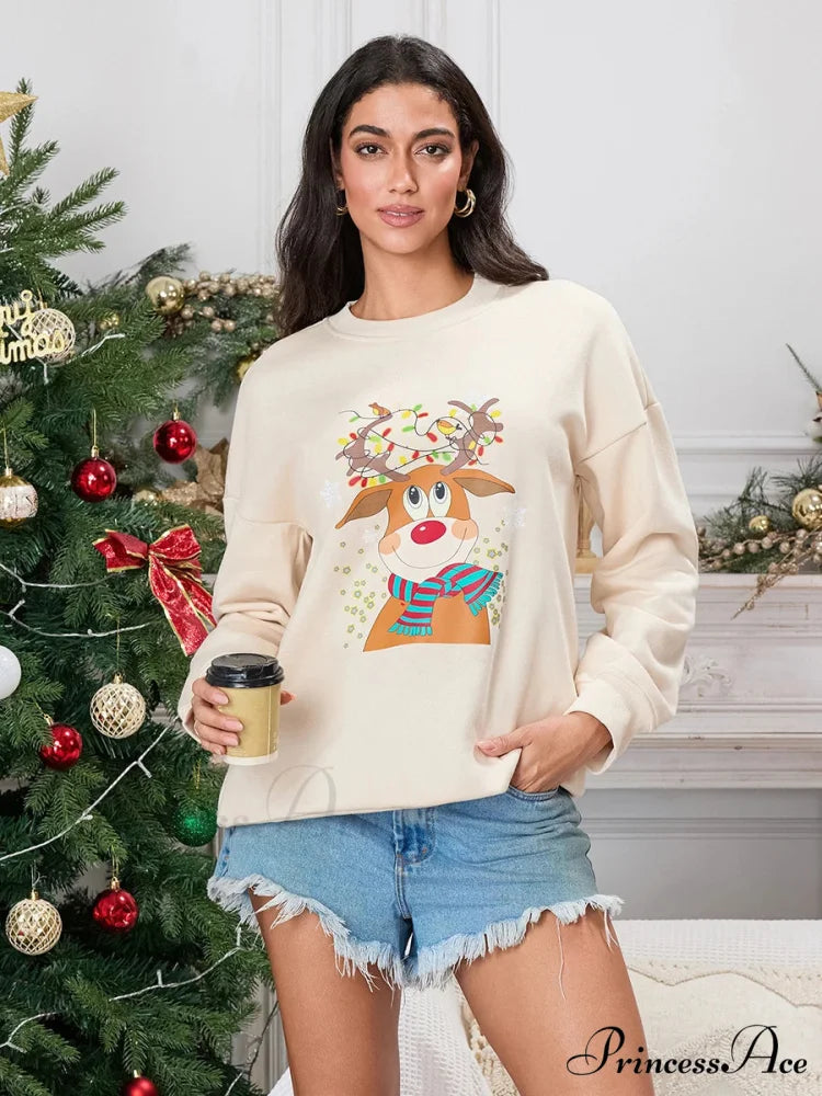 Christmas Deer Print Crew Neck Fall Winter Long Sleeve Casual Christmas Hoodie Christmas Hoodies-L