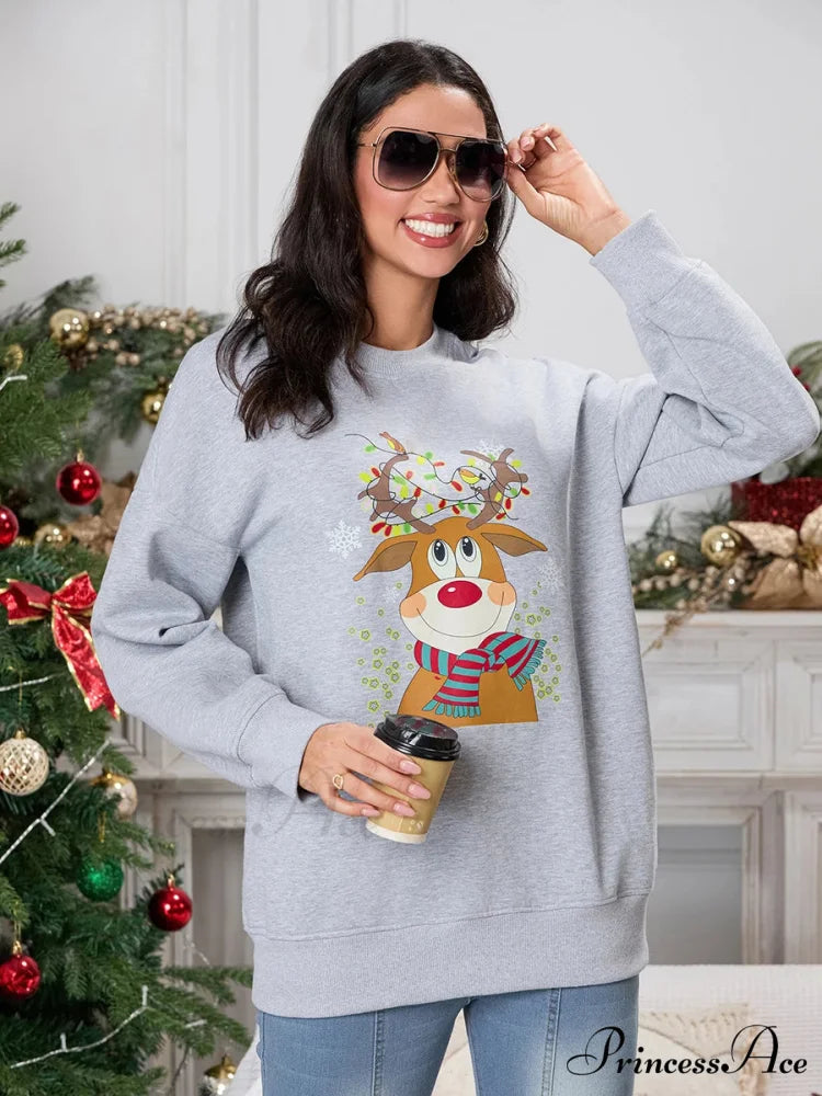 Christmas Deer Print Crew Neck Fall Winter Long Sleeve Casual Christmas Hoodie Christmas Hoodies-L