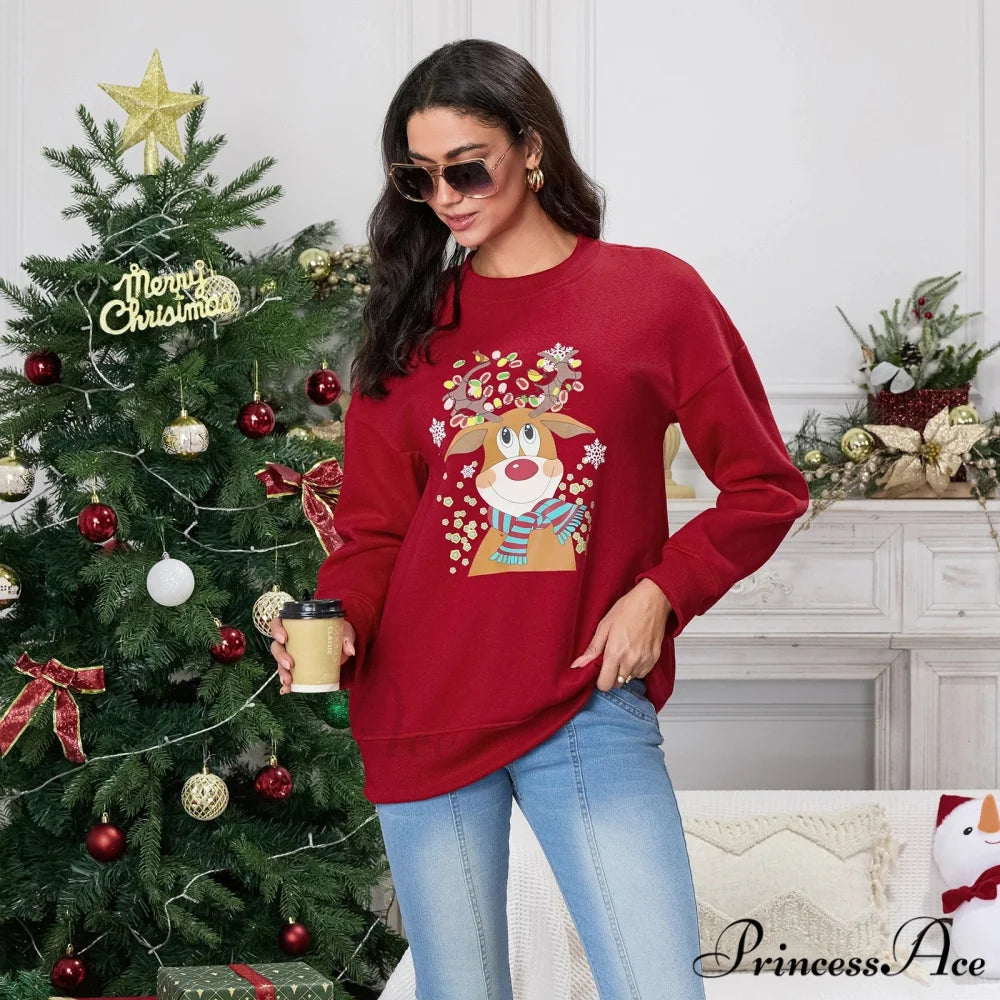 Christmas Deer Print Crew Neck Fall Winter Long Sleeve Casual Christmas Hoodie Red / S Christmas Hoodies-L